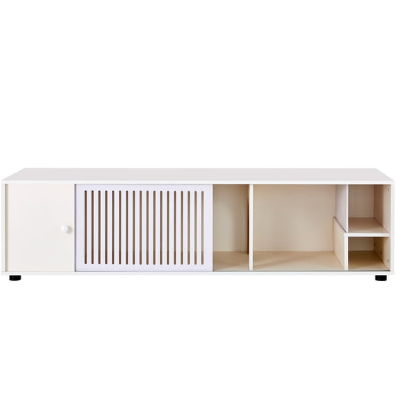 Modern Cream TV Stand with Cat Litter Box Enclosure & Sliding Door