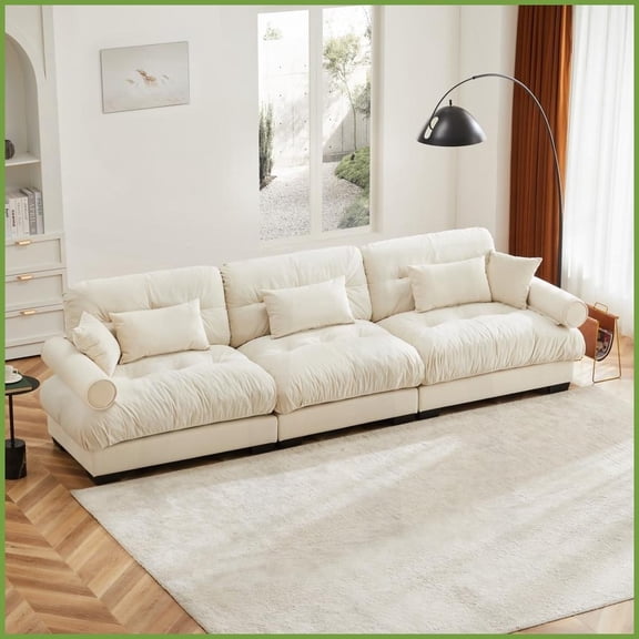 Modern Cream Velvet 3-Seat Living Room Sofa - Cloud-Like Comfort with Included Pillows