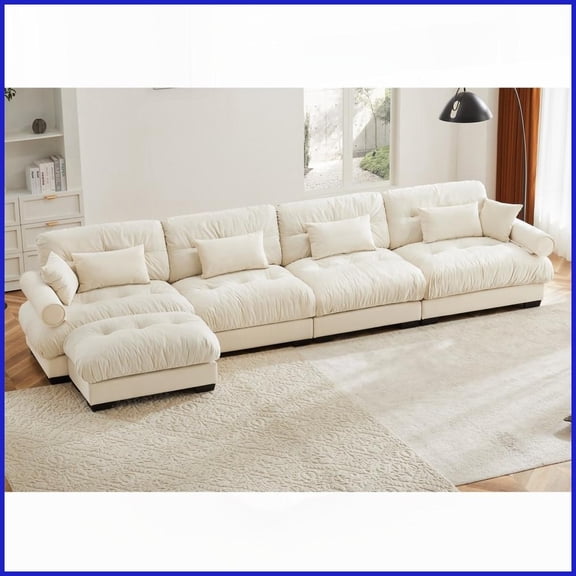 Modern Cream Velvet L-Shaped 4-Seater Sectional Sofa - Cloud-Like Comfort Convertible Couch for Living Room with Bolster Armrests & Pillows