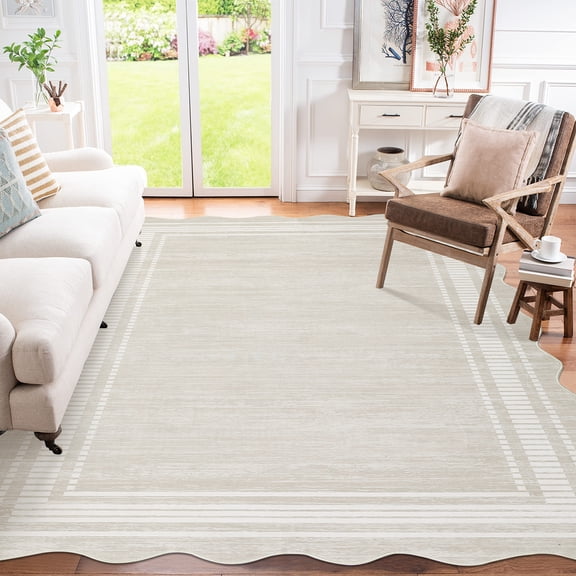 Modern Cream White 5' x 7' Washable Area Rug Non-Slip Low Pile Soft Polyester Carpet for Living Room Bedroom Dining Room – Foldable Indoor Floor Mat