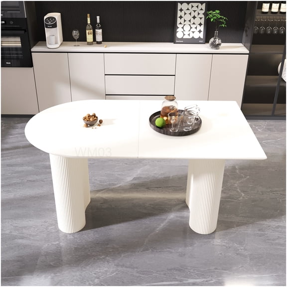 Modern Cream White 63" Round Dining Table for 8 Persons, Wave Design Legs MDF Table Top, Easy Clean Kitchen Assembly Table for Home