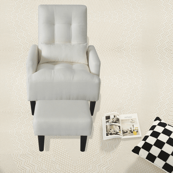 Modern Cream White Recliner with Ottoman - 1-Piece Solid Wood Chair for Living Room
