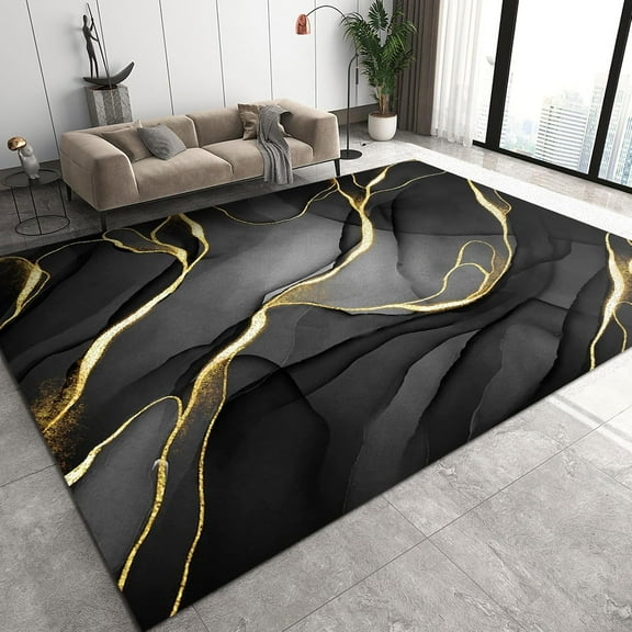 Modern Creative Area Rugs, Black Gold Abstract Ink Art Hallway Carpet, Home Decor Non-slip Backing Washable Rug for Living Room Bedroom Dining Room Apartment Decor Mats 5x7ft