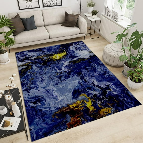 Modern Creative Area Rugs, Blue Swirl Wavy Marble Abstract Design Floor Carpet, Washable Non Slip Short Pile Print Rug For Sofa Bedroom Living Room Dorm Nursery Decor Mats 1x2ft