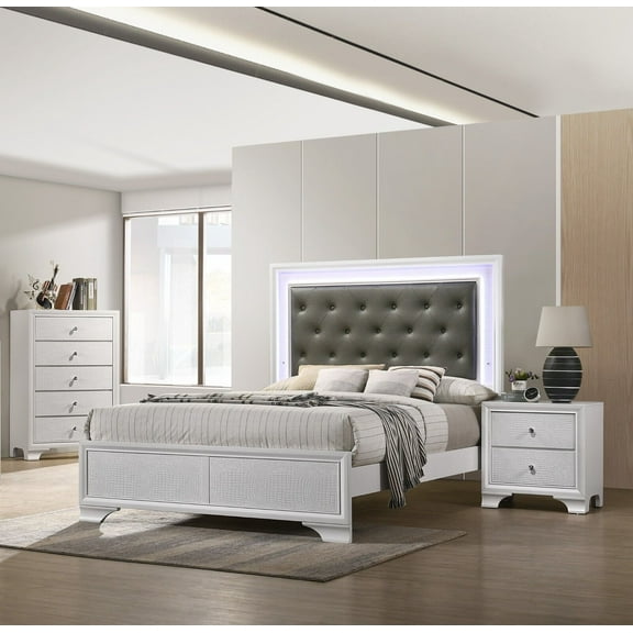 Modern Crisp White Finish 3pc Twin Size Upholstered LED Backlit HB Bed Chest Nightstand Set