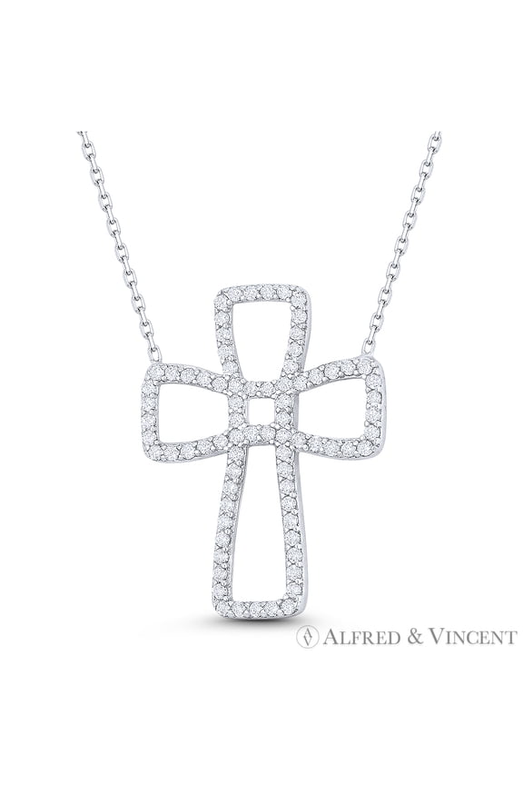 Modern Cross Pattée / Formée CZ Crystal Pendant w/ Chain Necklace in .925 Sterling Silver w/ Rhodium