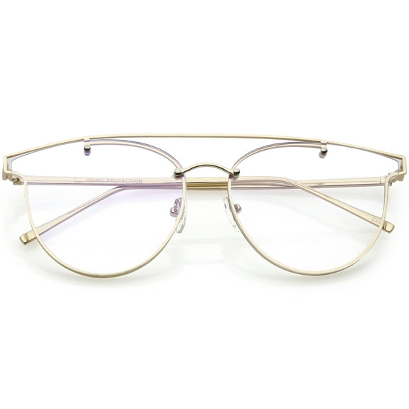 Modern Crossbar Horn Rimmed Rimless Eyeglasses Clear Round Flat Lens 58mm (Gold / Clear)
