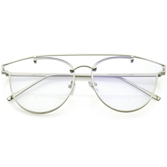 Modern Crossbar Horn Rimmed Rimless Eyeglasses Clear Round Flat Lens 58mm (Silver / Clear)