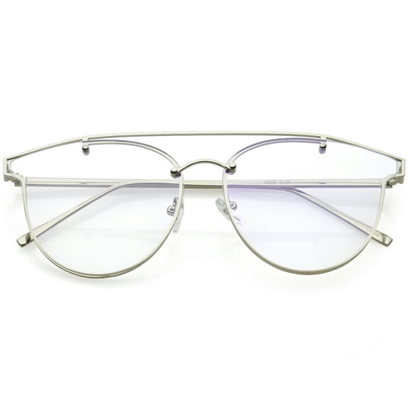 Modern Crossbar Horn Rimmed Rimless Eyeglasses Clear Round Flat Lens 58mm (Silver / Clear)