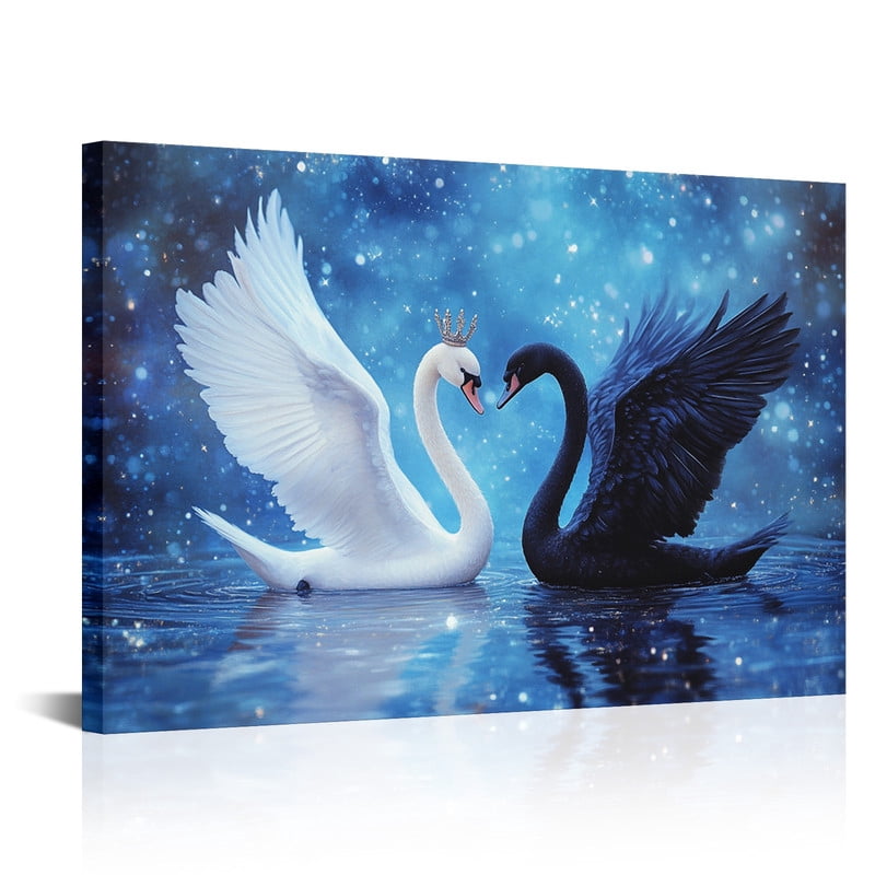 Modern Crowned Black and White Swan Canvas Prints Elegant Framed Wall ...