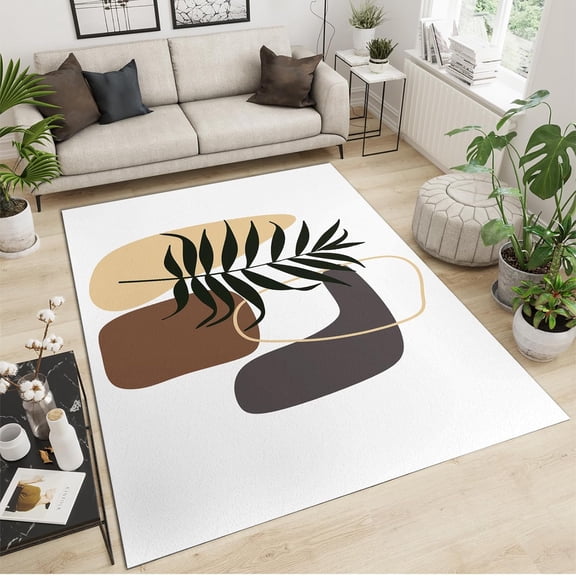 Modern Crseative Boho Rugs, Abstract Black Plants Leaves With Irregular Colorblock Pattern Bedroom Rug, Soft Foldable Hardwearing Washable Carpet For Living Room Decor Mats 1x2ft