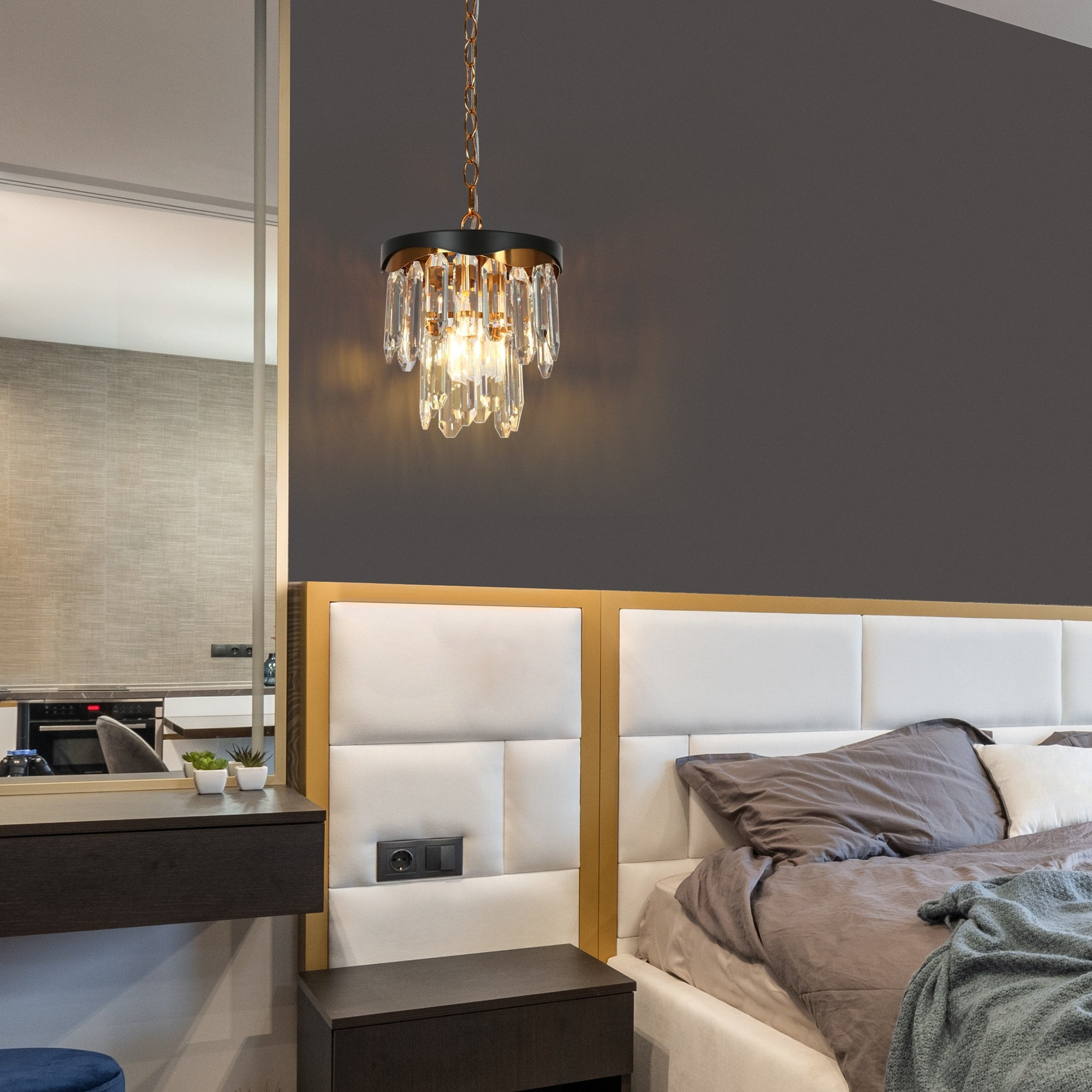 Mini Matte Black and Gold Crystal Drum Pendant Light