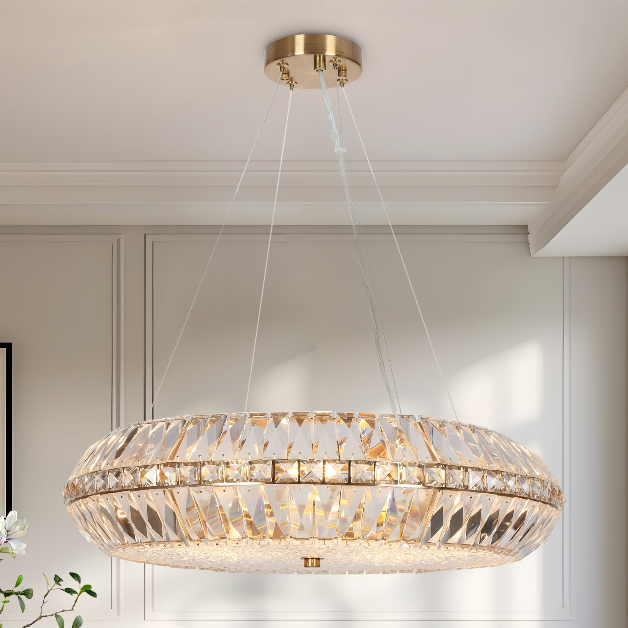 Gold Brass Crystal 10-Light Drum Chandelier