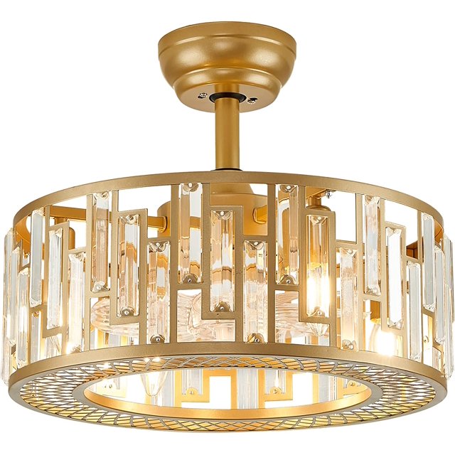 Modern Crystal Caged Ceiling Fan Light with Remote Control Crystal Gold
