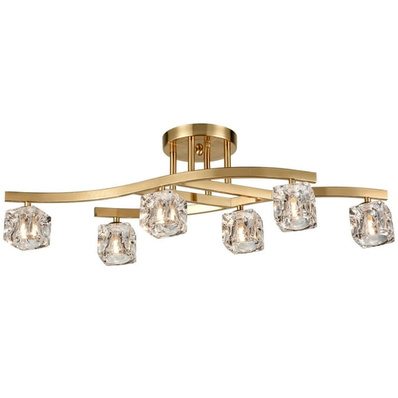 Procida Modern Crystal 6-Light Brass Ceiling Light with Clear Glass Blocks