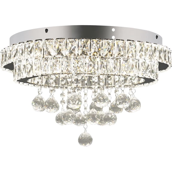 Modern Crystal Ceiling Light with Remote Control, 20" LED Flush Mount Raindrop Lighting Fixture Round Dimmable Chandelier Lamp for Living Room Dining Room Bedroom, Silver