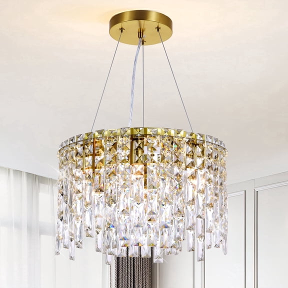 Modern Crystal Chandelier, 15" Natural Copper Gold Chandelier Light Fixture, Luxury 2-Tier K9 Crystal Pendant Hanging Light for Dining Room, Bedroom, Living Room, Entryway, 6-Light E12 Base