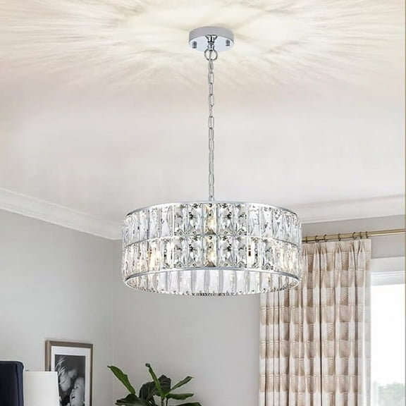 Modern Crystal Chandelier 18”Chrome Semi Flush Mount Ceiling Light Fixtures 6-Lights Drum Crystal Pendant Lighting for Dining Room Foyer Bedroom Living Room