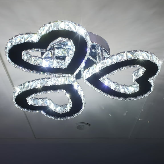 Modern Crystal Chandelier with 3 Heart Rings - LED Flush Mount Ceiling Light Fixture, Cool White, Polished Chrome Finish for Living Room, Bedroom, Hallway, Closet, Chandeliers for Ceiling
