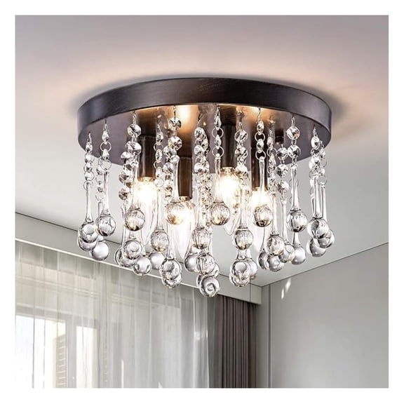 Modern Crystal Chandelier 4 Lights Flush Mount Ceiling Lighting Modern Raindrop Close to Ceiling Light Fixtures E12 Base Ceiling Light for Hallway Entry Way Dining Room Antique Black
