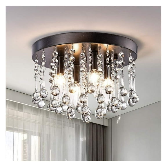 Modern Crystal Chandelier 4 Lights Flush Mount Ceiling Lighting Modern Raindrop Close to Ceiling Light Fixtures E12 Base Ceiling Light for Hallway Entry Way Dining Room Antique Black