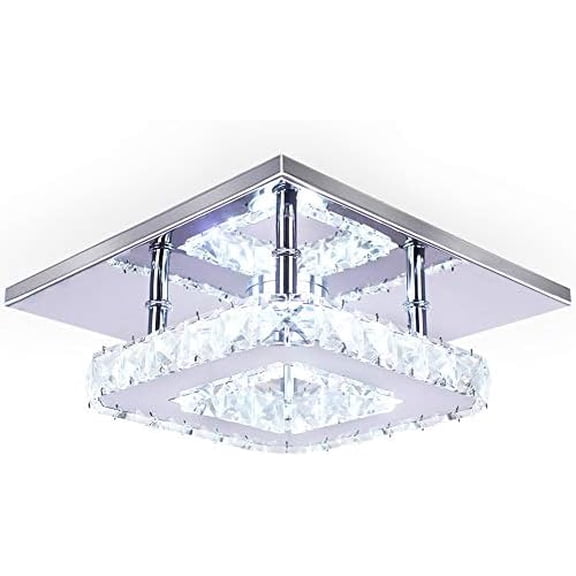 Modern Crystal Chandelier 7.9 Inches Led Ceiling Light Mini Square Flush Mount Ceiling Light for Bedrooms Dinning Rooms Hallway(Cool White,15W)