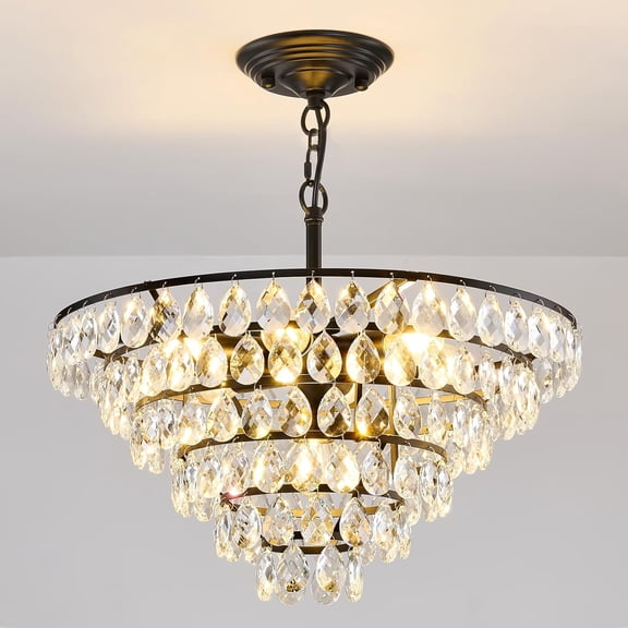 Modern Crystal Chandelier 7 Light 20" Raindrop Black Ceiling Chandelier Adjustable Hanging Light Fixture for Dining Room Foyer Entryway Staircase Living Room