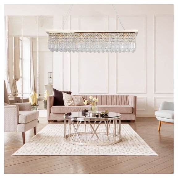 Modern Crystal Chandelier 8-Light Gold Rectangle Dining Room Light, Contemporary Raindrop Pendant Fixture for Kitchen Island L39.4"