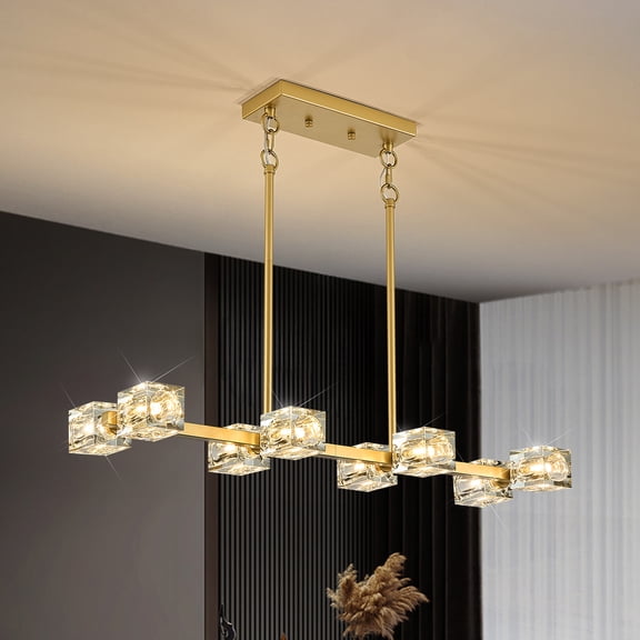 Modern Crystal Chandelier 8-Light Rectangular Island Light Gold Sputnik Ceiling Pendant Lights L 31.5" Dining Room Hanging Light Fixture for Kitchen Island Over Table