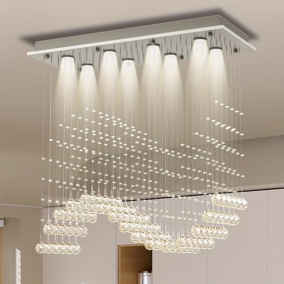 Modern Crystal Chandelier with 8-Light Rectangular Teardrop Design: Wave-Shaped Ceiling Mounted Fixture for Dining Room, Living Room, Bedroom, Kitchen Island - Easy Install & Ideal Gift