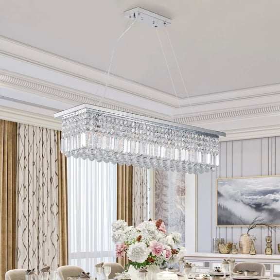 Modern Crystal Chandelier for Dining Room, 8-Light White Rectangle Raindrop Pendant Light, Contemporary Rectangular Fixture for Kitchen Island Bar, L39.4" x W9.8" x H8.7" (Bulb Not Included)