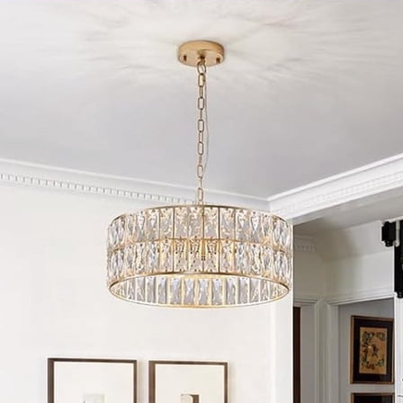 Modern Crystal Chandelier for Dining Room Gold Semi Flush Mount Ceiling Light Fixtures 18” Large Round Crystal Pendant Lighting for Foyer Bedroom Living Room