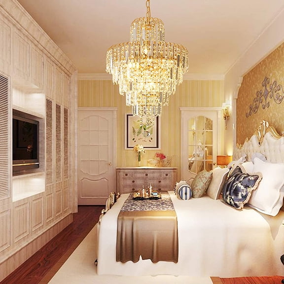 Modern Crystal Chandelier Light Fixture 4-Light Gold Chandelier Lighting Flush Mount LED Ceiling Light Fixture Hanging Pedant Lighting Fixture for Dining Room Living Room,D15.8"xH21.7"