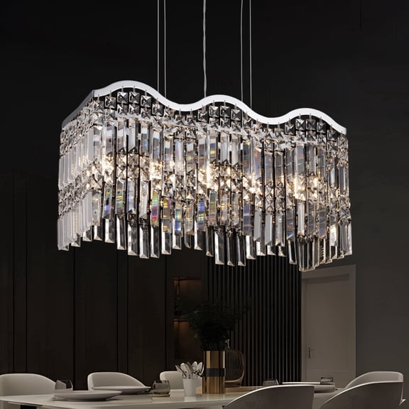 Modern Crystal Chandelier Silver, 24" Silver Rectangular Ceiling Light Fixture, Luxury 5-Light Rectangle Chandelier for Dining Room over Table, Kitchen Island, E12 Base Height Adjustable