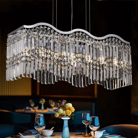 Modern Crystal Chandelier Silver, 32" Rectangular Crystal Chandelier for Dining Room, Luxury 7-Light Wave Ceiling Light Fixture, Pendant Hanging Light for Kitchen Island, Living Room, E12 Base