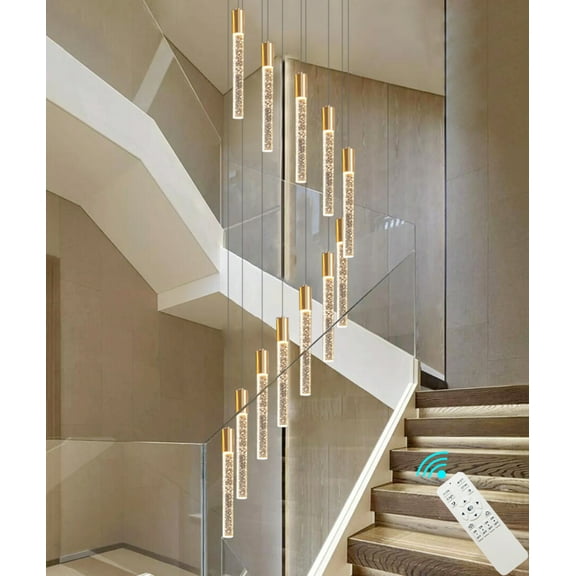 Modern Crystal Chandelier for Staircase 12 Lights Dimmable Mini Chandelier for Living Room, Crystal Bubble LED Flush Mount High Ceiling Light Fixtures for Dining Room(LED Bulbs Included,Gold,60W)