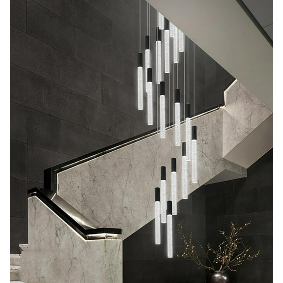 Modern Crystal Chandelier for Staircase 12 Lights LED Dimmable LED Pendant Light Fixture for Crystal Bubble Flush Mount High Ceiling Light Fixtures for Lobby, Foyer(LED Bulbs Included,Black,60W)