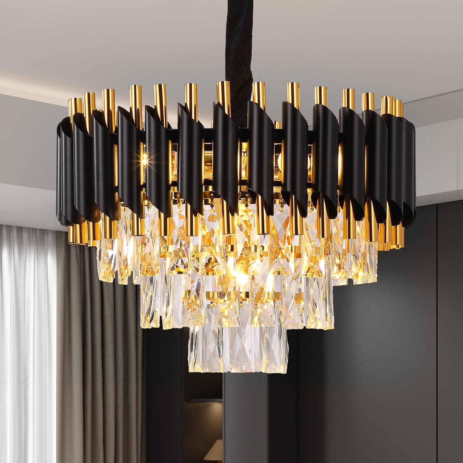 Modern Crystal Chandeliers 3 Tiers Black and Gold Pendant Light Fixtures, 5 Lights Black Modern Chandeliers for Living Room Dining Room Bedroom Kitchen