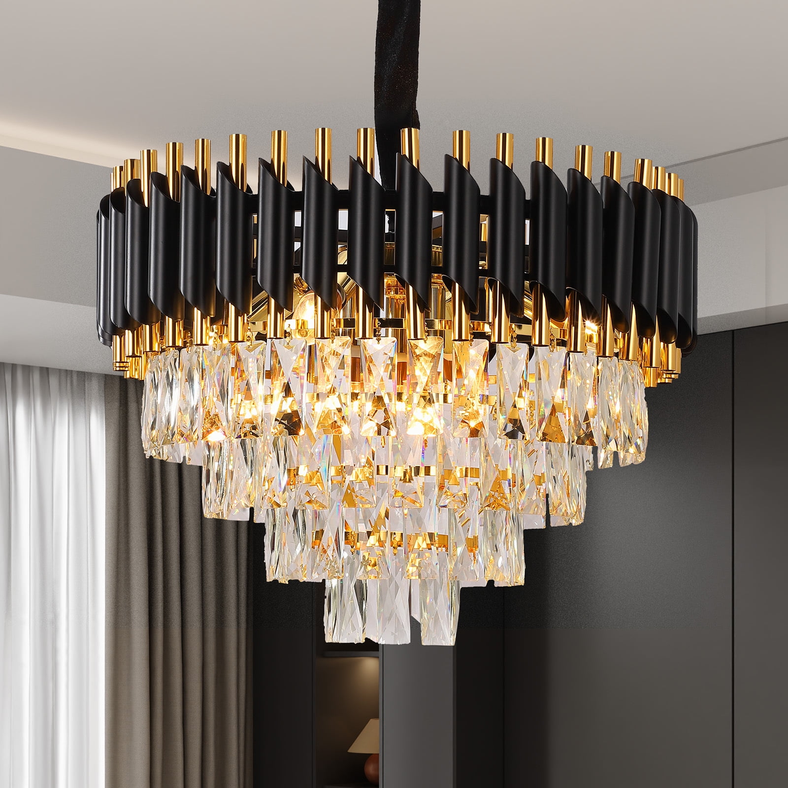 Luxurious 4-Tier Black and Gold Crystal Chandelier with 7 Lights