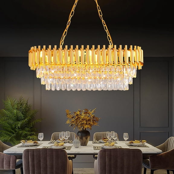 Modern Crystal Chandeliers for Dining Room 8-Light Gold Crystal Chandelier Living Room Oval Contemporary Ceiling Hanging Light Pendant Light Fixture for Kitchen Island Bar Restaurant L32