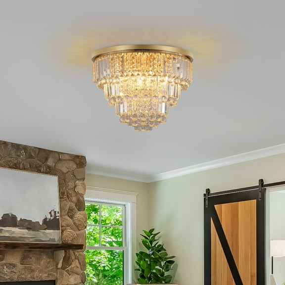 Modern Crystal Chandeliers Gold 19.7 Round Chandelier for Dining Room 4 Tire Ceiling Pendant Light Fixture Raindrop Luxury Gold Flush Mount Chandelier for Entryway Living Room