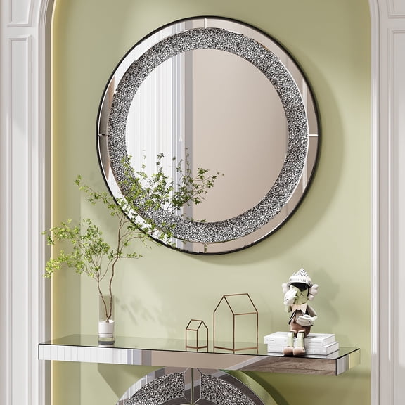 Modern Crystal Crush Diamond Sparkly Round Silver Wall Mirror - Handcrafted Frameless Design for Bedroom, Bathroom, Living Room, Entryway