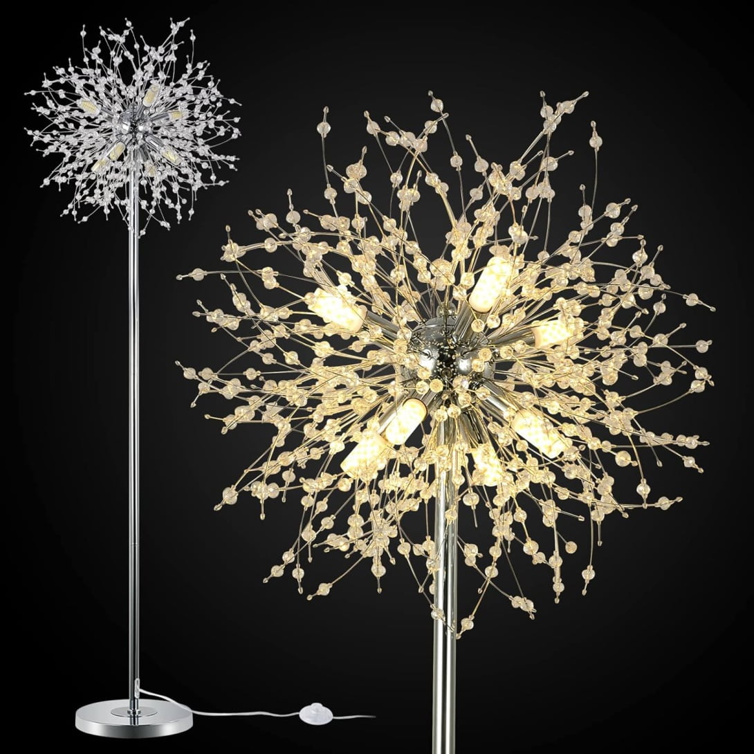 Modern Crystal Floor Lamp for Living Room & Bedroom, 69" Tall with 32 Firework Crystals, Sturdy Chrome Base, 360° Lighting, Easy Assembly