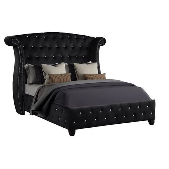 Modern Crystal Full Bed In Black With Upholstered Velvet - 500 Lb Weight Capacity Accents And Wood Frame Bedroom