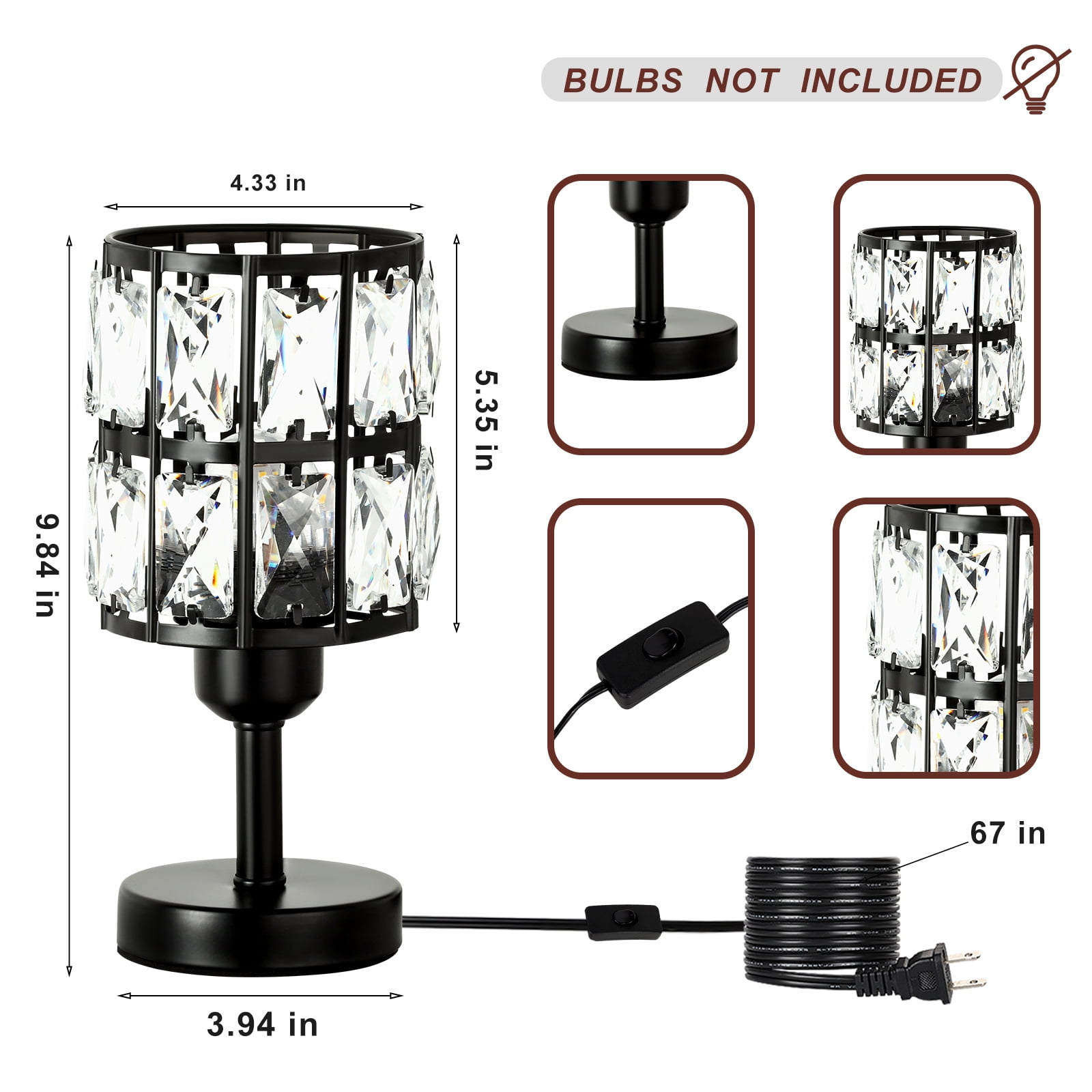 Modern Crystal Lamp Cylinder Shade Black Bedside Lamp Set of 2
