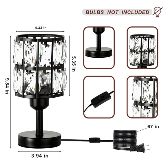 Modern Crystal Lamp Cylinder Shade Black Bedside Lamp Set of 2