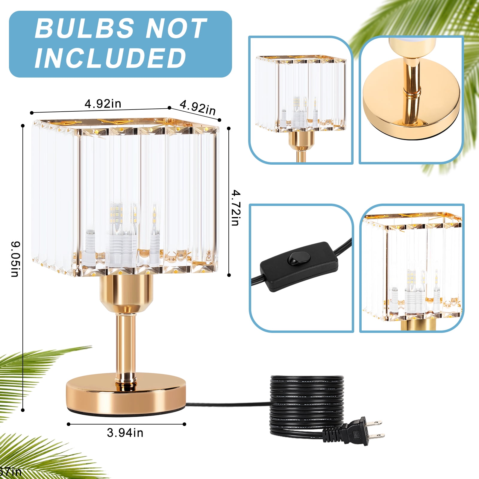 Modern Crystal Lamp Square Shade Gold Bedside Lamp Set of 2