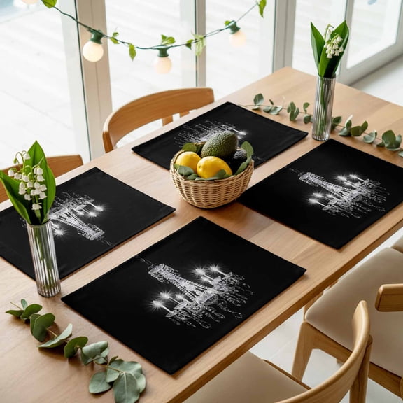 Modern Crystal Lighting on Black Placemats Set of 4,Wipeable Washable Table Mats for Dining Tables, Chandelier Candle Place Mats for Kitchen Event Party Tabletop Decor