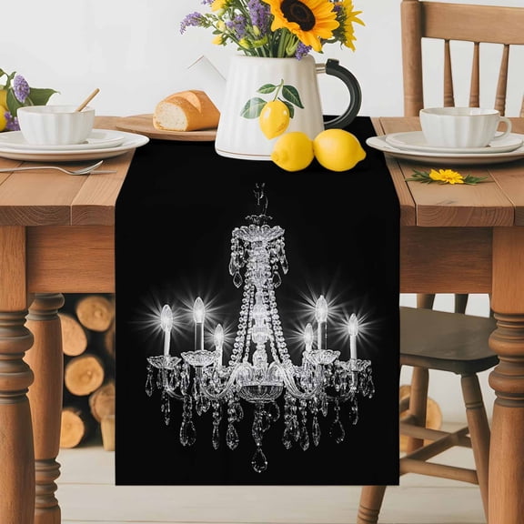 Modern Crystal Lighting on Black Table Runner 36 Inches Long, Chandelier Candle Table Runners Tabletop Scarf Kitchen Dining Tables Decoration for Home Party Indoor Outdoor