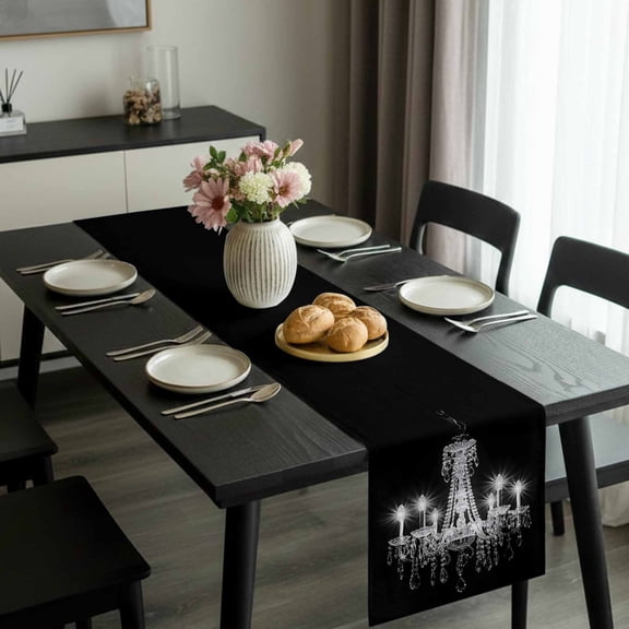 Modern Crystal Lighting on Black Table Runner 36 Inches Long,Kitchen Dining Tablerunners Chandelier Candle Linen Table Runners Dresser Scarves for Home Dinner Wedding Holiday Party Decor